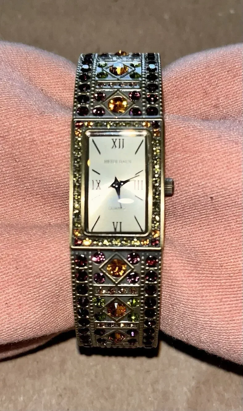 Heidi Daus Double Trouble Bangle Cuff Wrist Watch Swarovski Crystals Brass Tone
